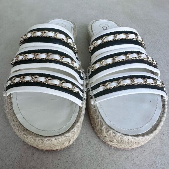CHANEL Chain Lambskin Espadrille Slip On Sandals  EU 37 US 6-6.5 Black & White - Picture 6 of 13